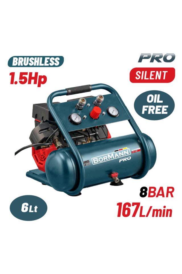 BORMANN ΑΕΡΟΣΥΜΠΙΕΣΤΗΣ ΜΟΝΟΜΠΛΟΚ,OIL FREE,SILENT,BRUSHLESS,1.5HP,6L,167L/MIN BAT5006 085980