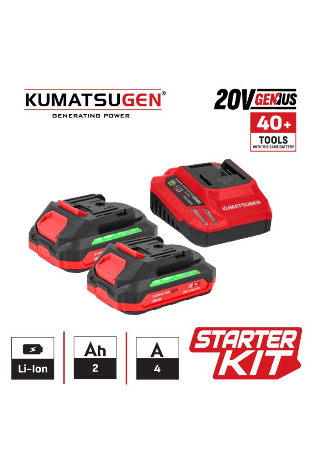 KUMATSUGEN STARTER KIT 20VGENIUS,ΜΠΑΤΑΡΙΕΣ 2X2.0AH & ΦΟΡΤΙΣΤΗΣ 4Α KDC822 087038