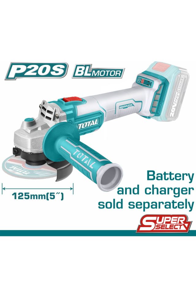 TOTAL ΕΠΑΓΓ. ΓΩΝΙΑΚΟΣ ΤΡΟΧΟΣ ΜΠΑΤ. Li-ion 20V / 125mm ΧΩΡΙΣ ΜΠΑΤΑΡΙΑ & ΦΟΡΤΙΣΤΗ TAGLI201258
