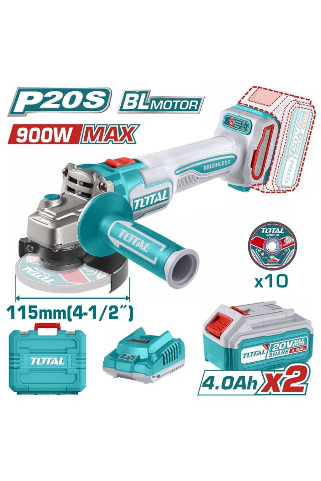 TOTAL ΕΠΑΓΓ. ΣΕΤ ΓΩΝΙΑΚΟΣ ΛΕΙΑΝΤΗΡΑΣ 115mm ΜΠΑΤ. Li-ion 20V / 4Ah / 2 ΜΠΑΤ TAGLI211542