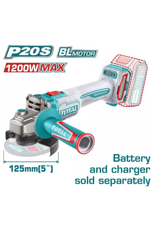 TOTAL ΕΠΑΓΓ. ΓΩΝΙΑΚΟΣ ΤΡΟΧΟΣ ΜΠΑΤ. Li-ion 20V / 125mm ΧΩΡΙΣ ΜΠΑΤΑΡΙΑ & ΦΟΡΤΙΣΤΗ TAGLI221253