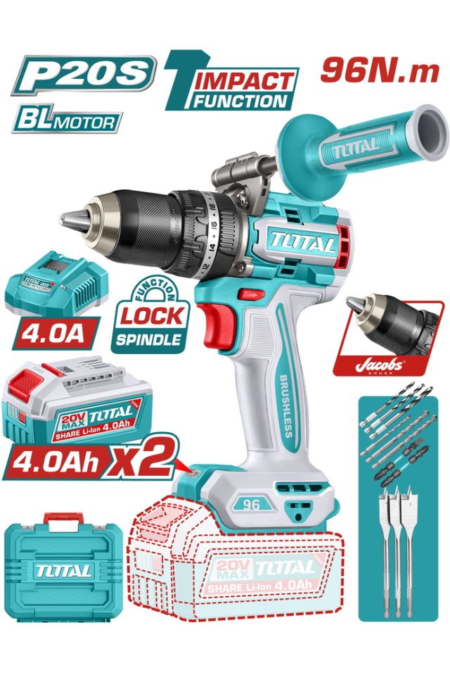 TOTAL ΕΠΑΓΓ. ΔΡΑΠ/ΒΙΔΟ ΚΡΟΥΣΤΙΚΟ ΜΠΑΤ. Li-ion 20V / 4Ah / 96Nm / 2 ΜΠΑΤ BL Motor TIDLI209686E