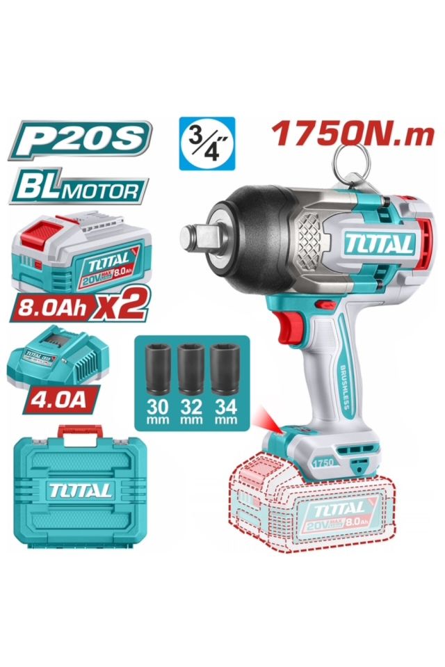 TOTAL ΕΠΑΓΓ. ΜΠΟΥΛΟΝΟΚΛΕΙΔΟ ΜΠΑΤ. Li-ion 20V / 1750Nm / 8Ah / 2 ΜΠΑΤ TIWLI20175E