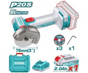 TOTAL ΕΠΑΓΓ. ΣΕΤ MINI ΓΩΝΙΑΚΟΣ ΤΡΟΧΟΣ ΜΠΑΤ. Li-ion 20V / 76mm / 2Ah / 1 ΜΠΑΤ BL Motor TAGLI207625E